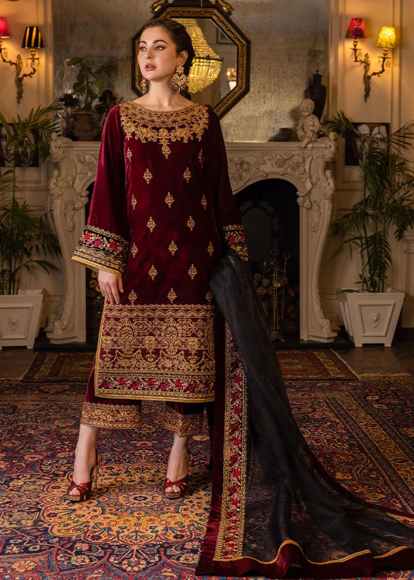 RT1029-Velvet Winter Embroidered 3 Piece Dress With Organza embroidered Dopata