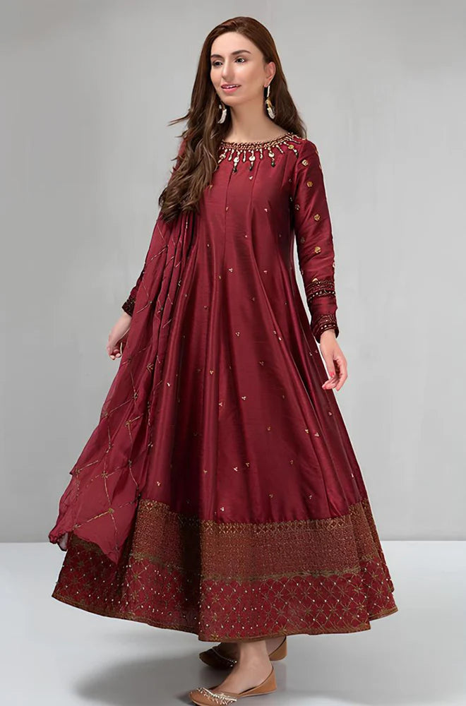 Maria B, unstiched 3 piece kataan silk frock style embroidered suit-RT435