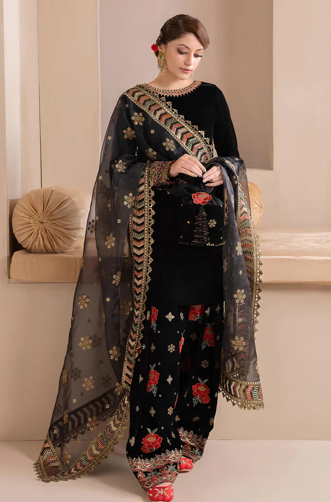 RT1037- WINTER Embroidered Velvet Dress With Organza embroidered Dopata