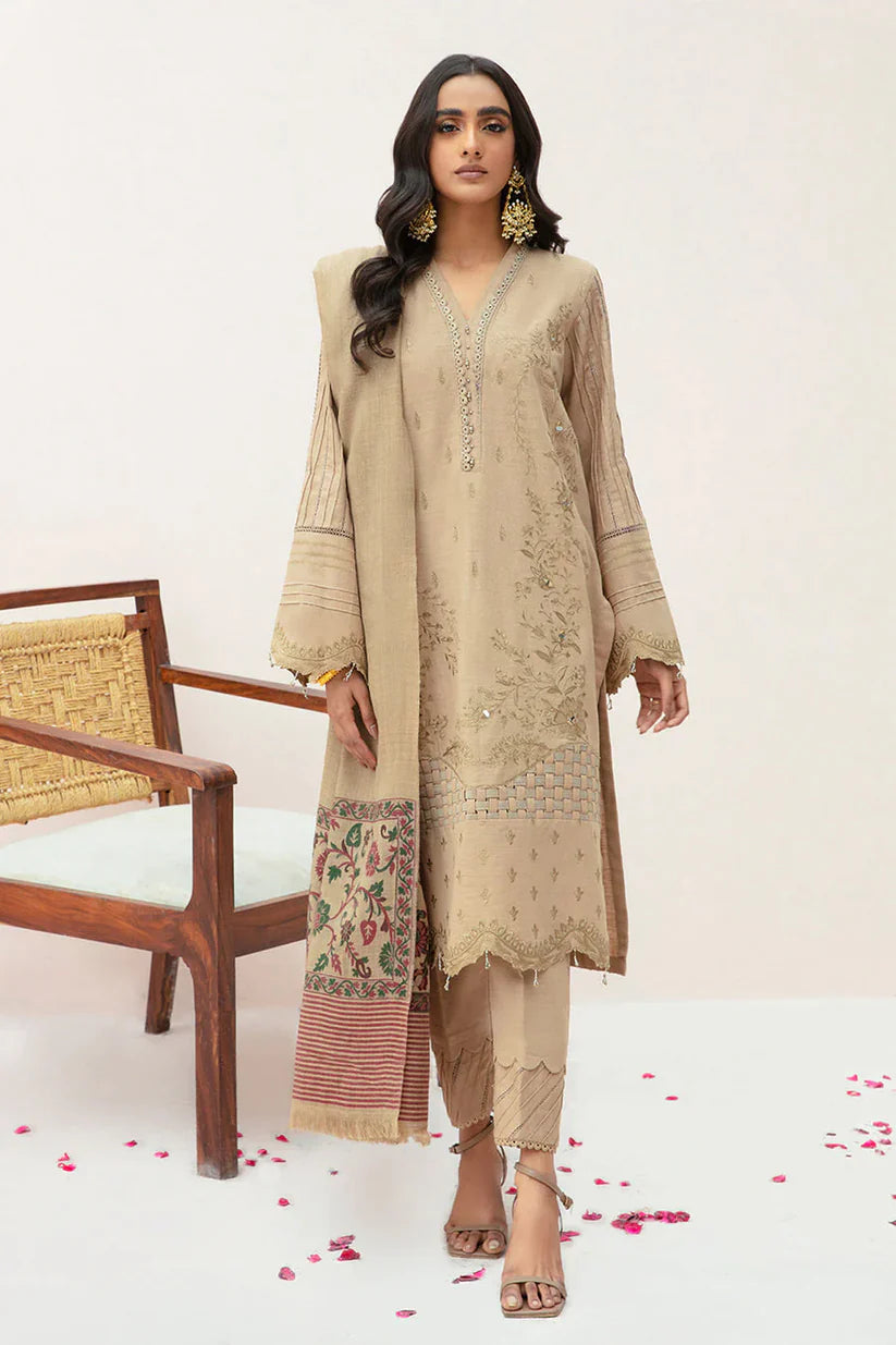 RT10046-WINTER 3PC Dhannak Embroidered suit with Printed Shawll