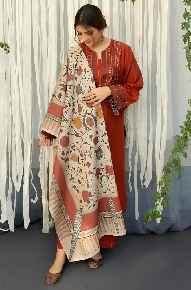 RT1107-WINTER 3PC Dhannak Embroidered suit with Printed Shawll