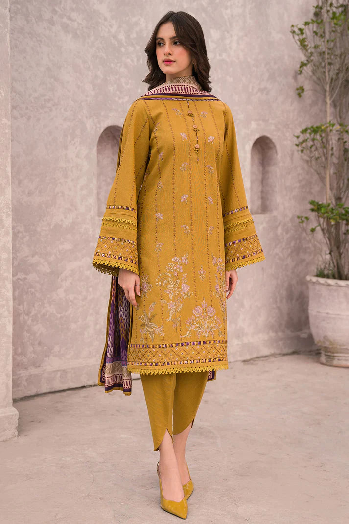 RT1069-WINTER 3PC Dhannak Embroidered suit with Printed Shawll
