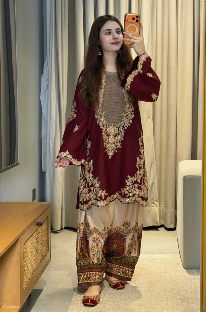 RT1402-Ethnic - 2PC Silk Embroidered Shirt and Trouser