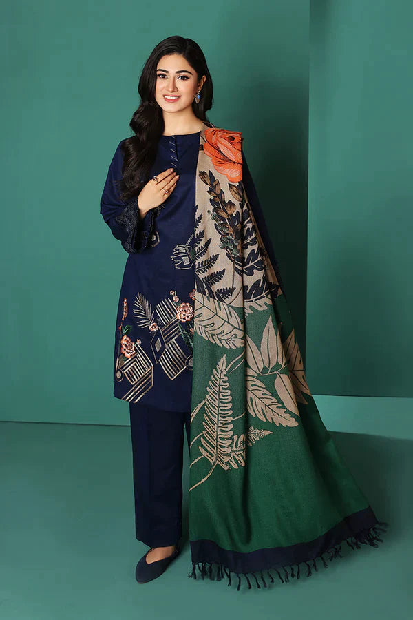 RT1102-WINTER Nishat Blue Linen Embroidered three piece With Printed Wool Shawll