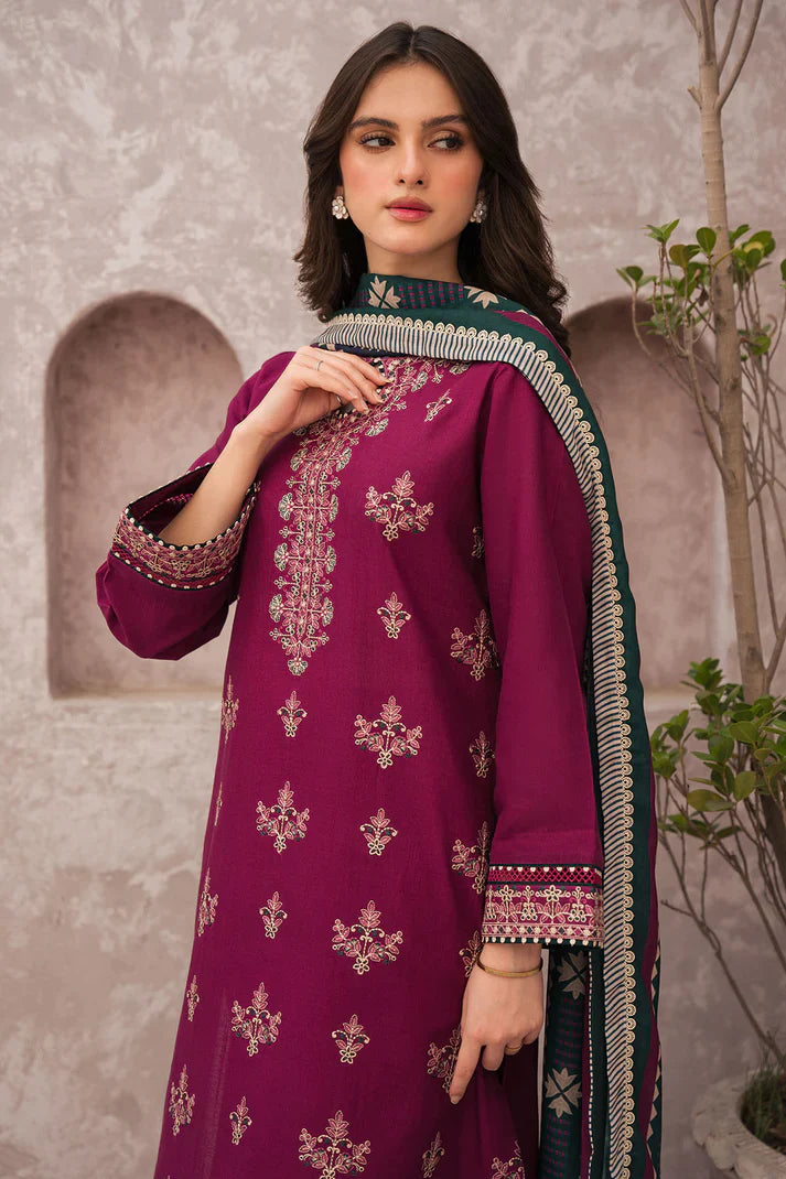 RT1068-WINTER 3PC Dhannak Embroidered suit with Printed Shawll