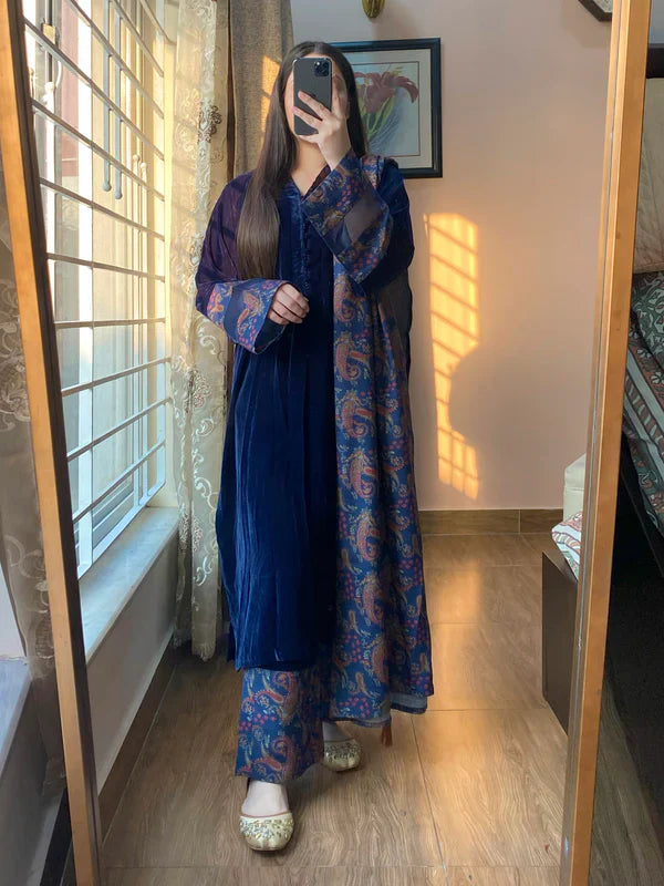 RT1284-RiwajTann - winter Velvet Dress with Printed Dhanak Shawl