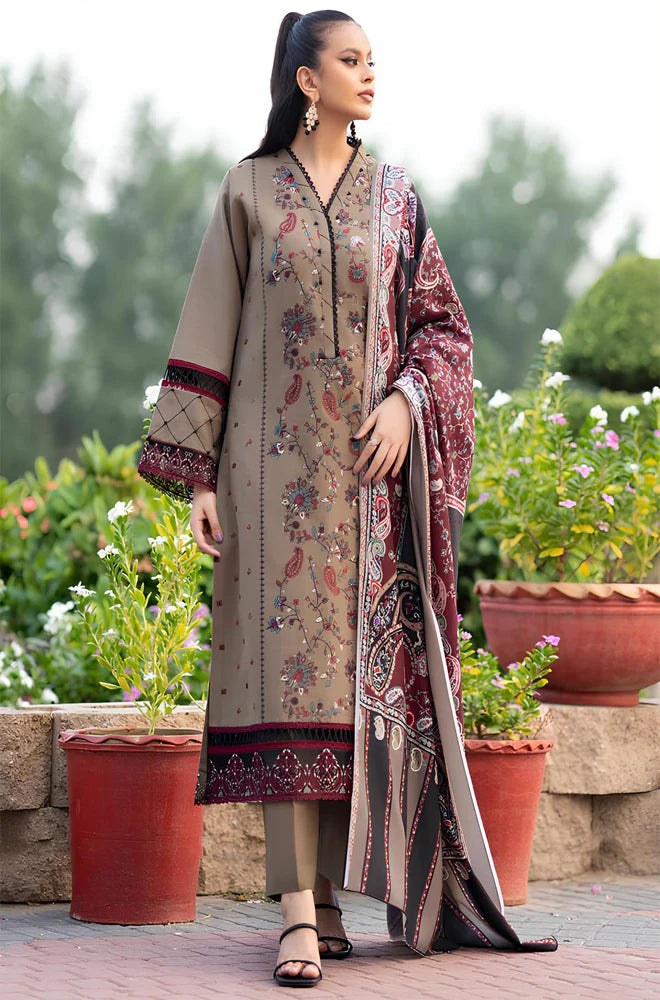 RT1070-WINTER 3PC Dhannak Embroidered suit with Printed Shawll