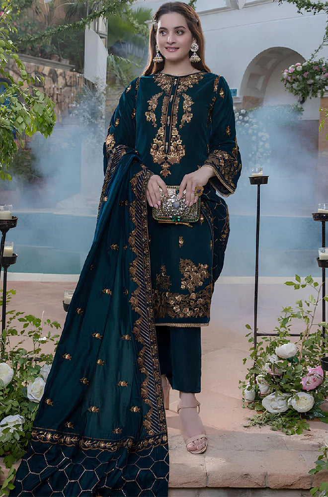 Embroidered Velvet Three piece With Velvet Shawl Winter Collection-RT025