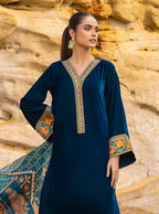 Winter Unstitched 3PCs Velvet Embroidered Dress With Digital Printed Karandi Shawl-RT1130