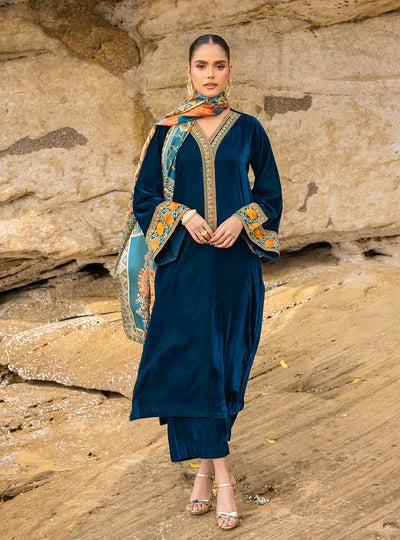 Winter Unstitched 3PCs Velvet Embroidered Dress With Digital Printed Karandi Shawl-RT1130