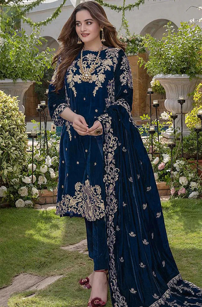RT1204-Azure Embroidered Velvet Winter 3piece suit