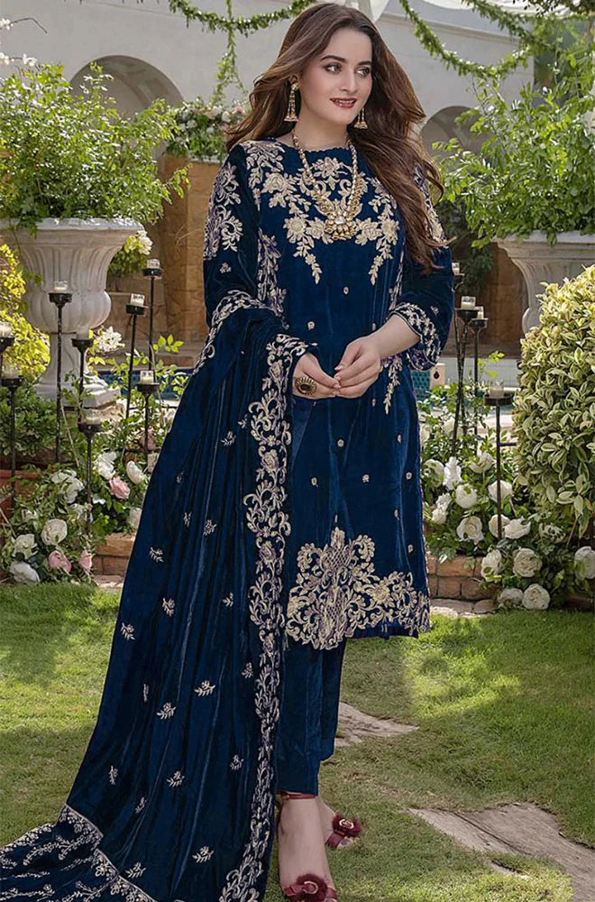 RT1204-Azure Embroidered Velvet Winter 3piece suit