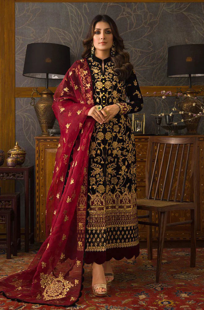RT1208-Winter 3PC Velvet Heavy Embroidered Shirt With Organza Heavy Embroidered Dupatta