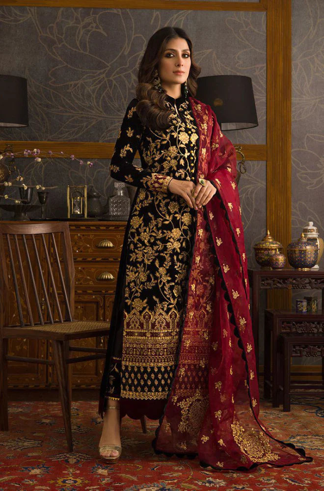 RT1208-Winter 3PC Velvet Heavy Embroidered Shirt With Organza Heavy Embroidered Dupatta
