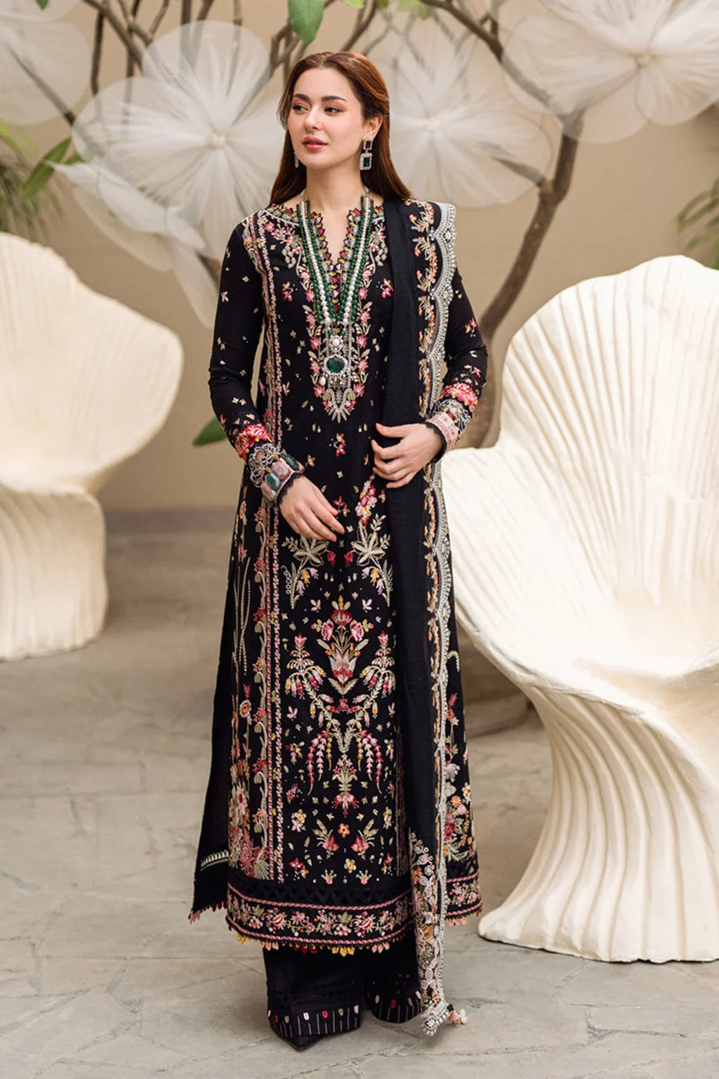 RT944- Qalamkar - 3PC Lawn Embroidered Shirt with Embroidered Slub Net Dupatta