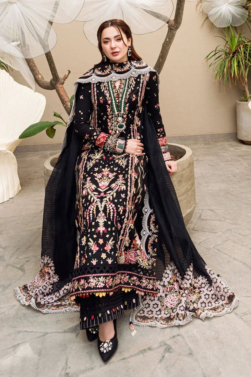 RT944- Qalamkar - 3PC Lawn Embroidered Shirt with Embroidered Slub Net Dupatta