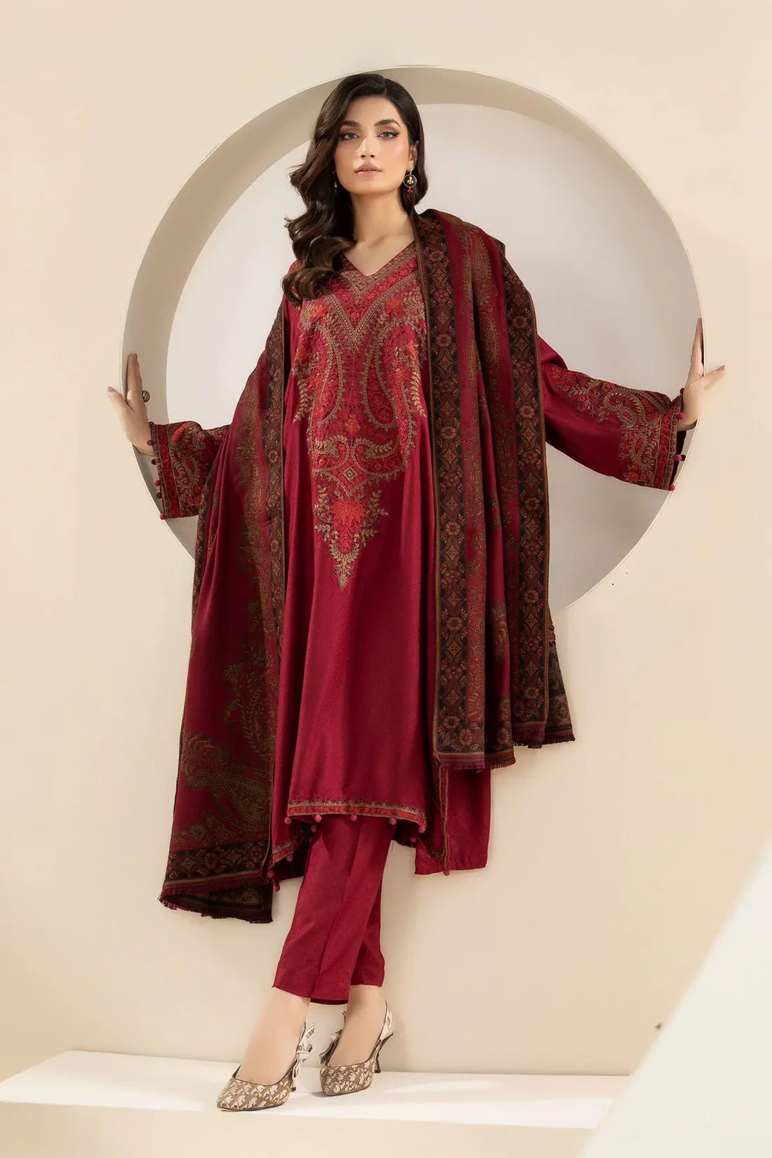 RT1213-3PC KhaddarWinter Embroidered Suit with Printed Wool Shawl