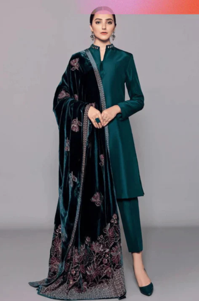 RT1218- Winter 3PCs Shamoz Silk Dress With Heavy Embroidered Velvet Shawl