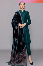 RT1218- Winter 3PCs Shamoz Silk Dress With Heavy Embroidered Velvet Shawl