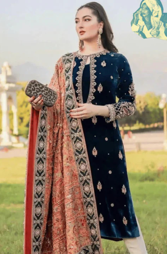 RT1211-Velvet 3PCs Winter Embroidered Dress With Dhanak Shawl