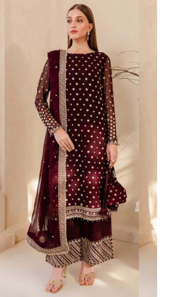 RT1209-Winter Unstitched 3PCs Embroidered Velvet Dress With Embroidered Organza Dupatta