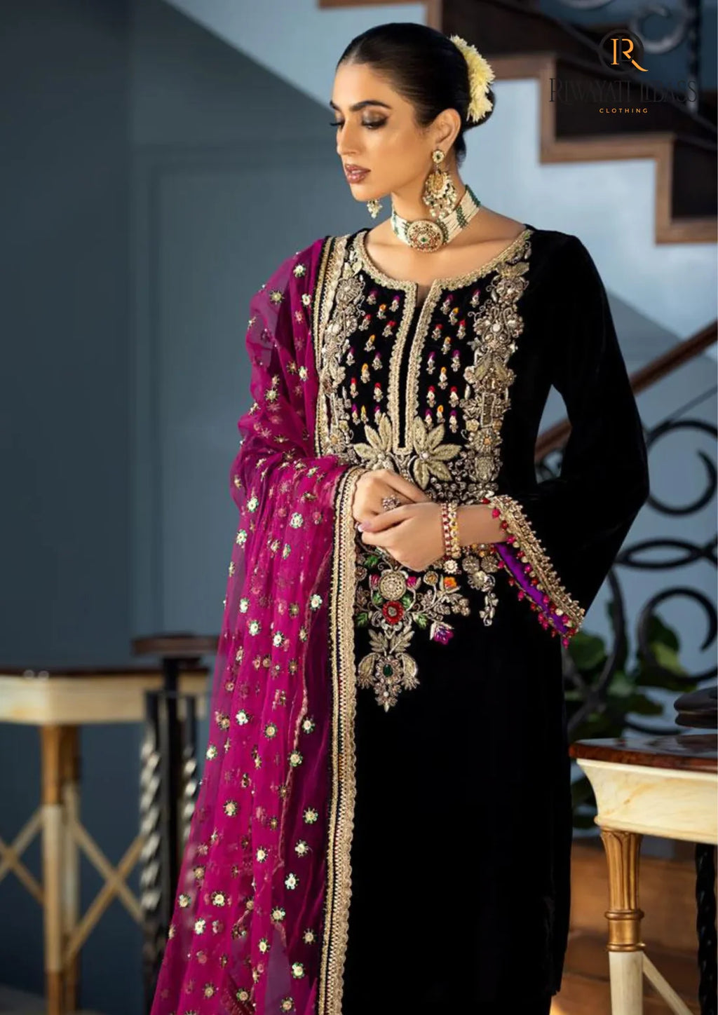 RT1210-Winter 3PCs Velvet Dress With Embroidered Organza Dupatta