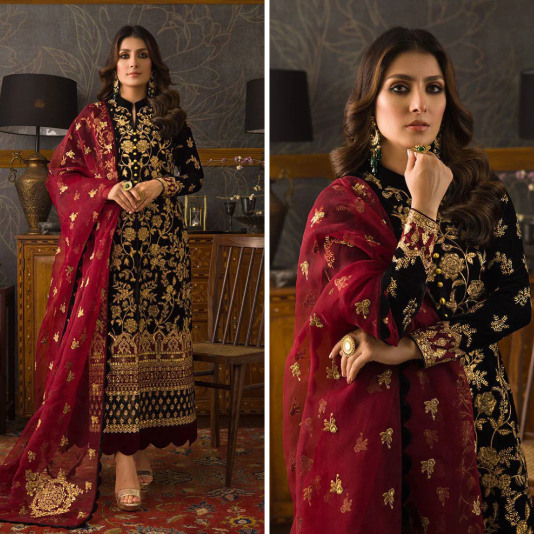 RT1208-Winter 3PC Velvet Heavy Embroidered Shirt With Organza Heavy Embroidered Dupatta