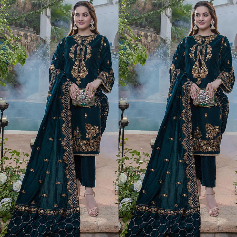 Embroidered Velvet Three piece With Velvet Shawl Winter Collection-RT025