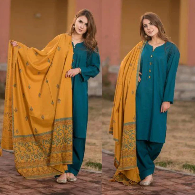 RT1023- WINTER 3 Piece Dhanak Suit with digital printed wool shawll