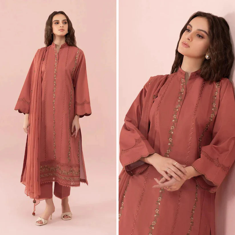 RT834-SUMMER 3PC Lawn Embroidered Shirt With Chiffon Embroidered Dupatta