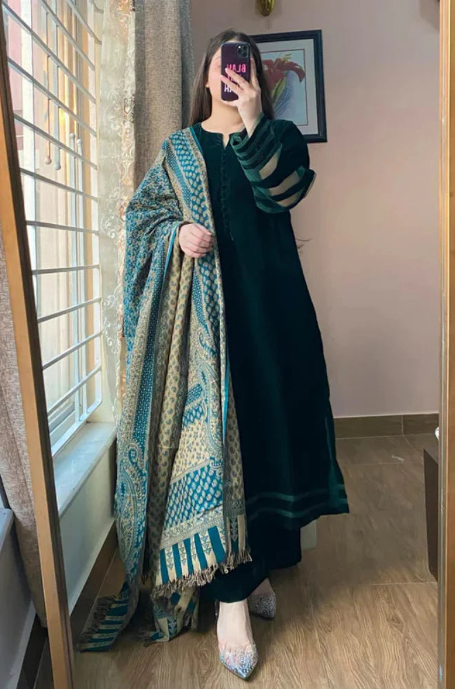 RT1286-RiwajTann - winter Velvet Dress with Printed Dhanak Shawl