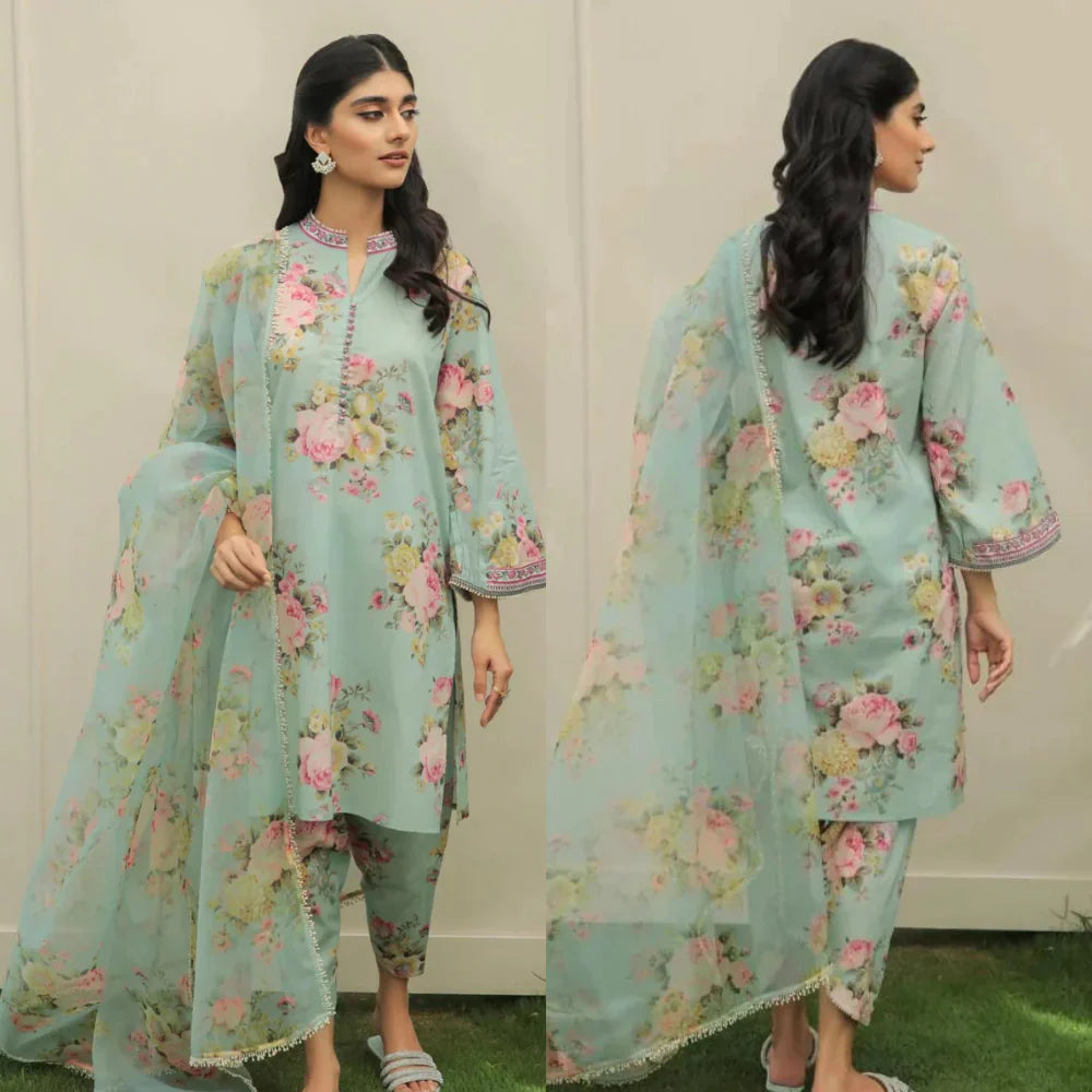 RT445-Nisa Sea Green Lawn unstitched digital printed 3 pc dress with Diamond dupata