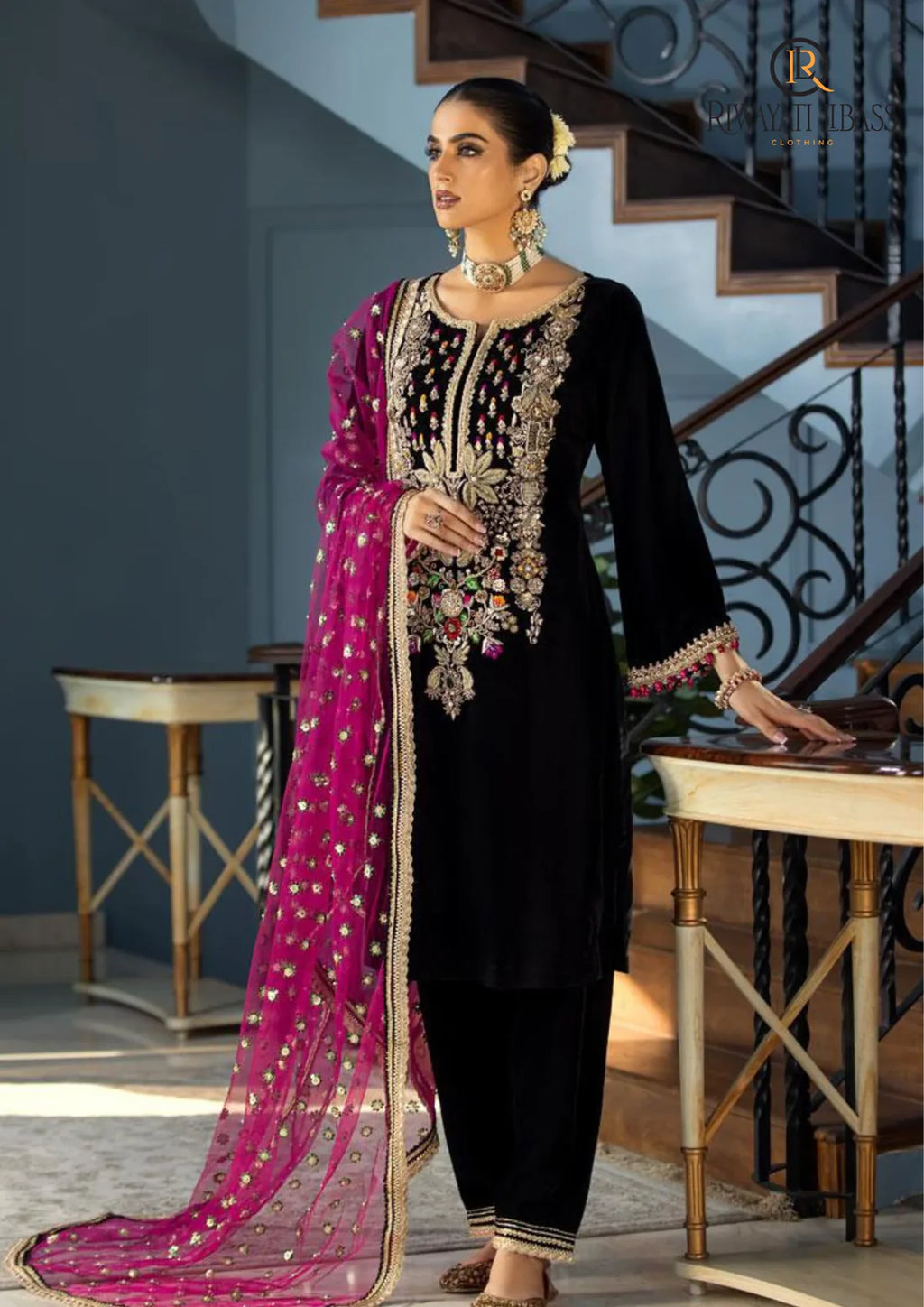 RT1210-Winter 3PCs Velvet Dress With Embroidered Organza Dupatta