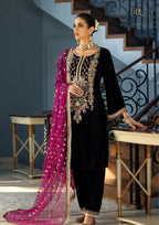RT1210-Winter 3PCs Velvet Dress With Embroidered Organza Dupatta
