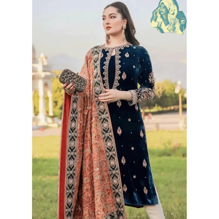 RT1211-Velvet 3PCs Winter Embroidered Dress With Dhanak Shawl
