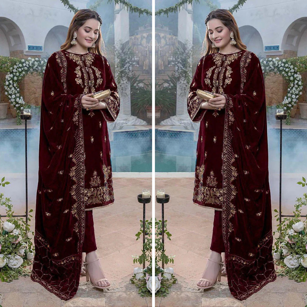 RT1203-Azure Embroidered Velvet Winter 3piece suit