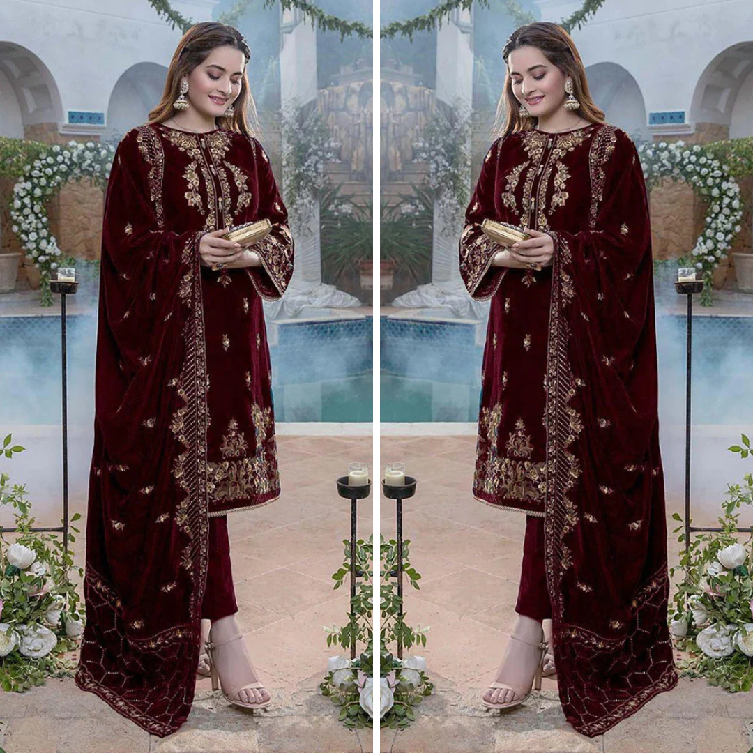 RT1203-Azure Embroidered Velvet Winter 3piece suit