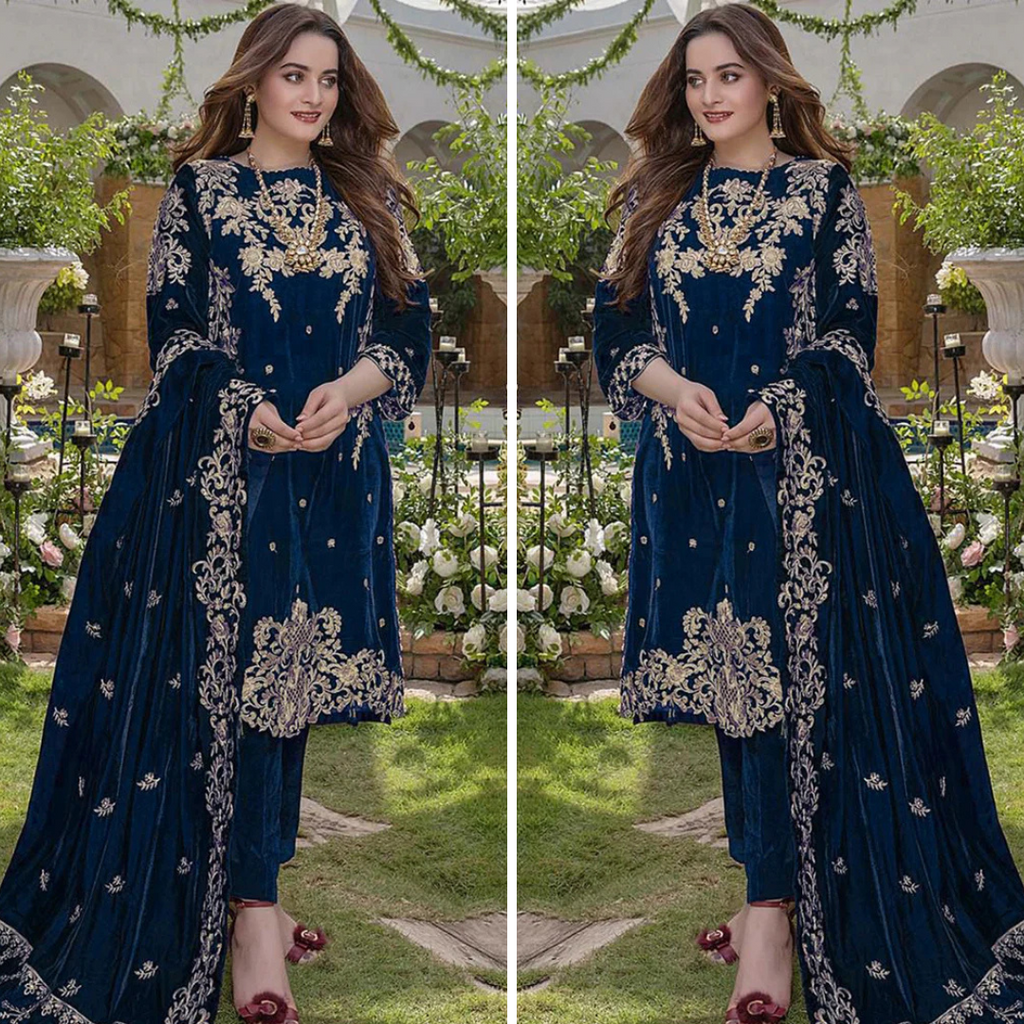 RT1204-Azure Embroidered Velvet Winter 3piece suit