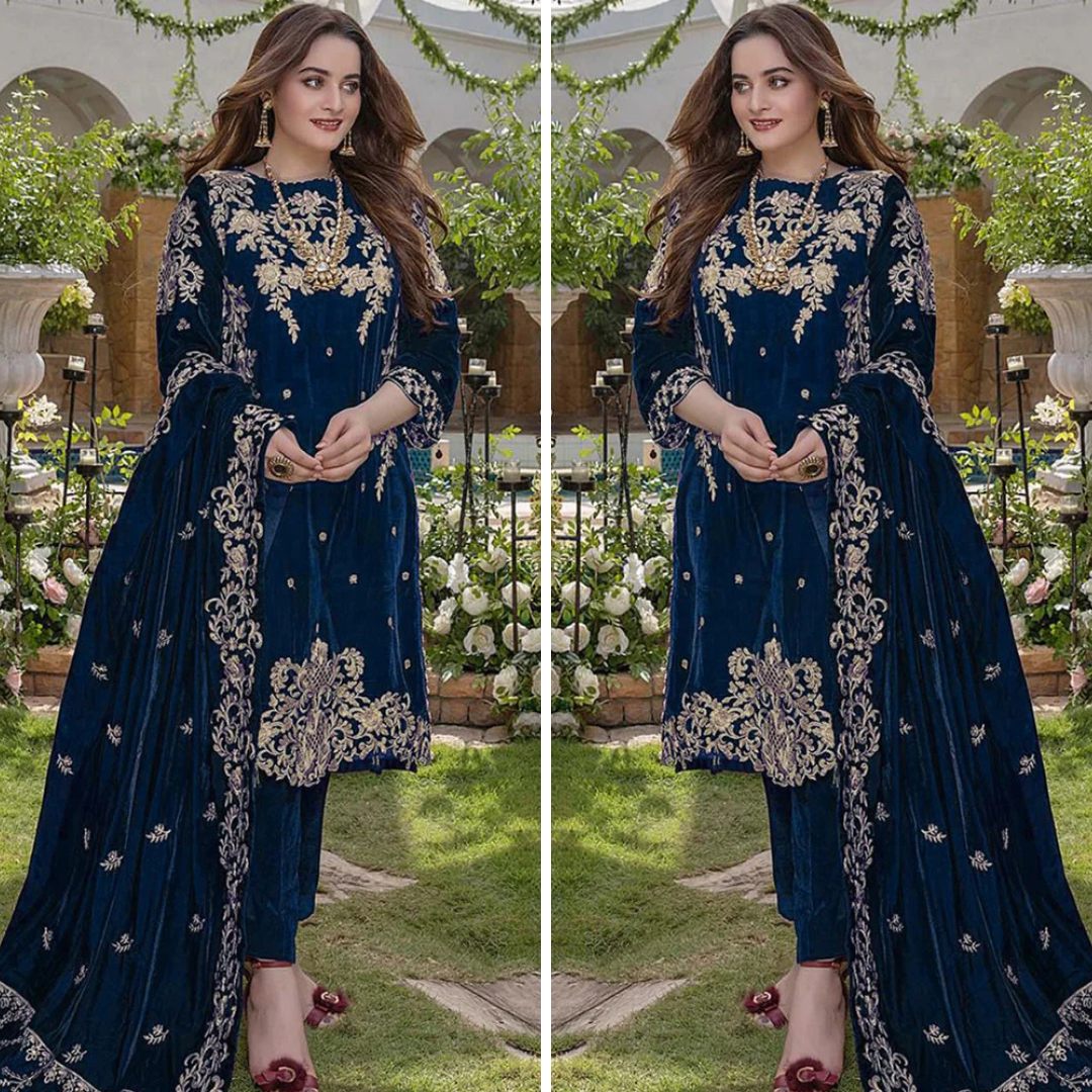 RT1204-Azure Embroidered Velvet Winter 3piece suit