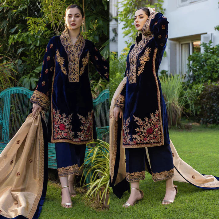 RT1217-Winter 3-Piece Unstitched Heavy Embroidered Velvet Suit