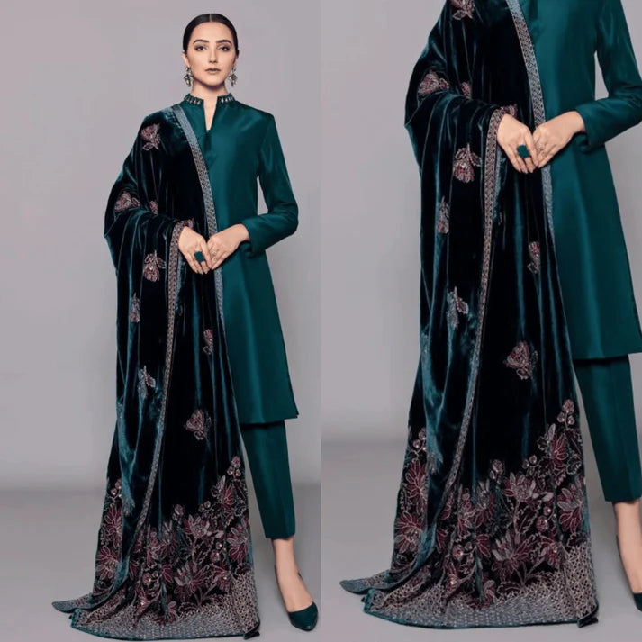 RT1218- Winter 3PCs Shamoz Silk Dress With Heavy Embroidered Velvet Shawl