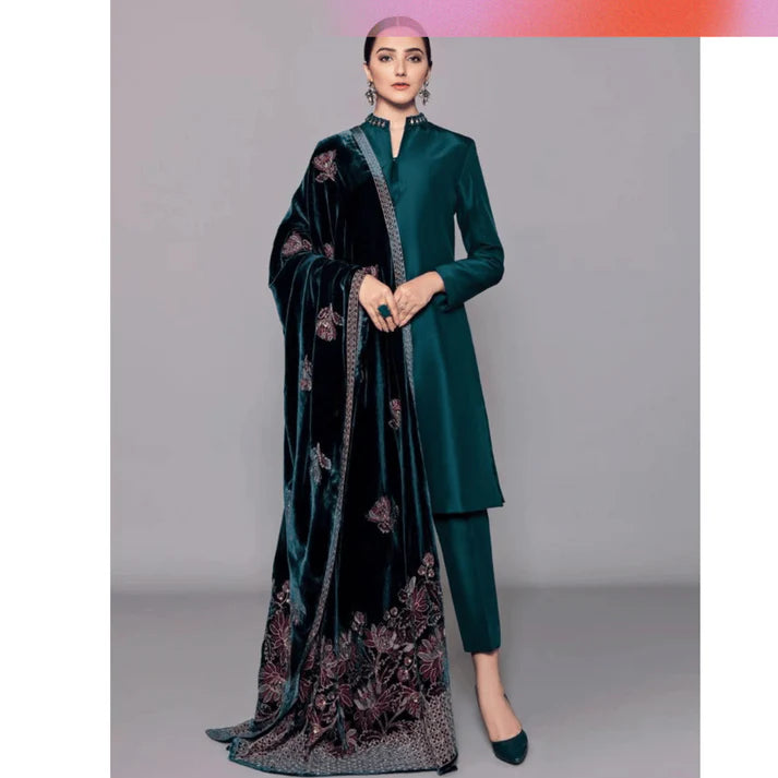 RT1218- Winter 3PCs Shamoz Silk Dress With Heavy Embroidered Velvet Shawl