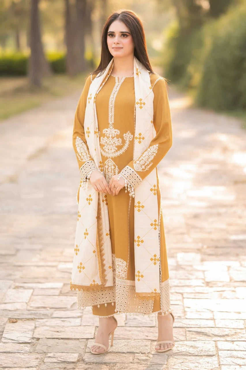 RT1272-WINTER 3-Pc Embroidered Dhanak Suit with Heavy Embroidered Dhanak Shawll