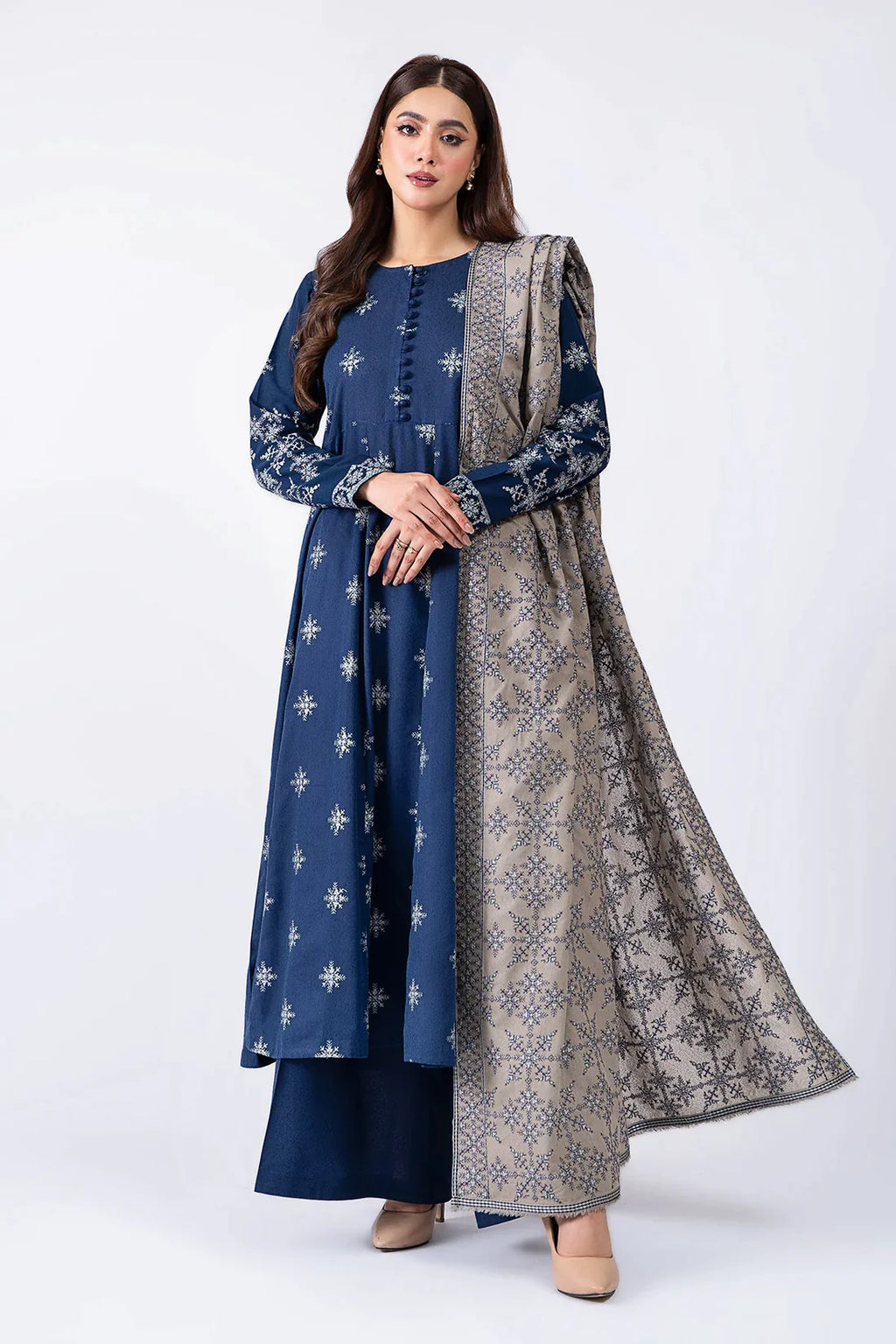 RT1072-WINTER 3-Pc Embroidered Dhanak Suit with Heavy Embroidered Dhanak Shawll