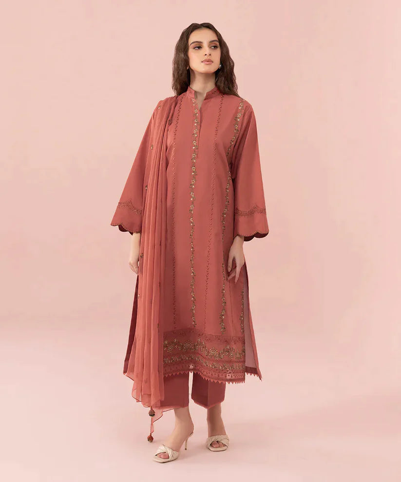 RT834-SUMMER 3PC Lawn Embroidered Shirt With Chiffon Embroidered Dupatta