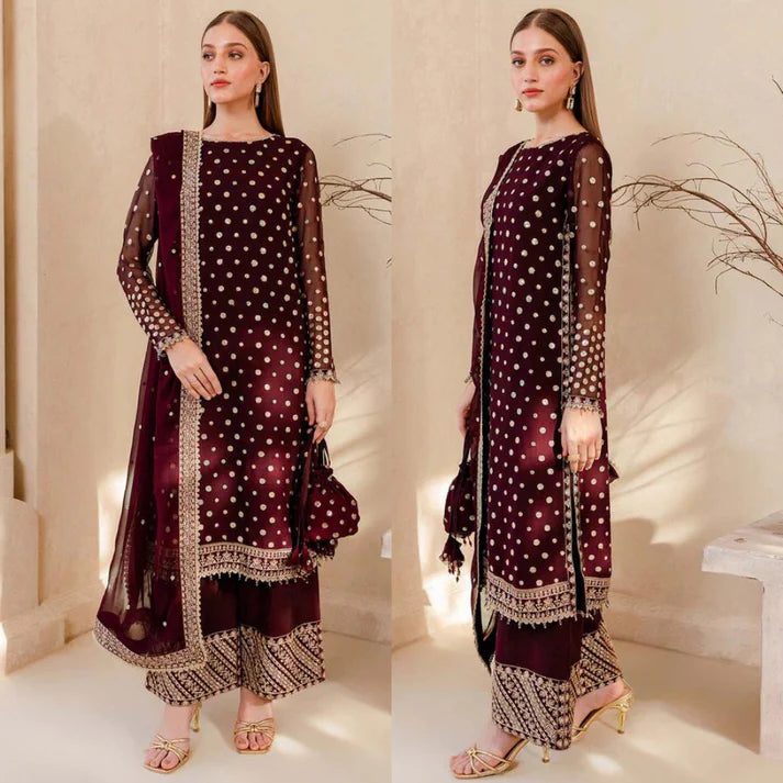 RT1209-Winter Unstitched 3PCs Embroidered Velvet Dress With Embroidered Organza Dupatta