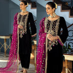 RT1210-Winter 3PCs Velvet Dress With Embroidered Organza Dupatta