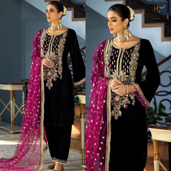 RT1210-Winter 3PCs Velvet Dress With Embroidered Organza Dupatta