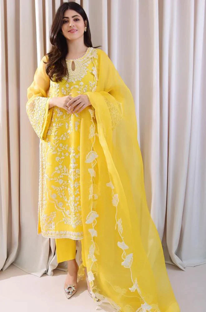 RT429- 3PC Lawn Embroidered Shirt With Organza Embroidered Dupatta