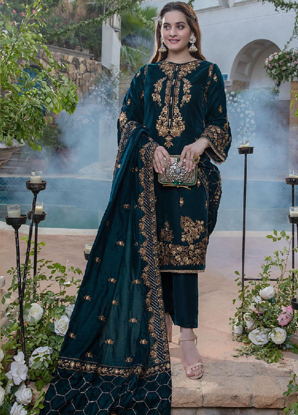Embroidered Velvet Three piece With Velvet Shawl Winter Collection-RT025